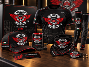 HAWKS MC Jordan Ambassador 2026 set: box, T-shirt, cap, mug, neck gaiter, arm sleeves, keyring and card