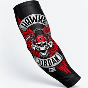Black riding arm sleeve with the chapter patch down the length. One size.