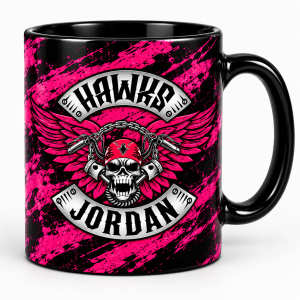 Limited edition: black mug with pink splatter print and the chapter patch in pink.