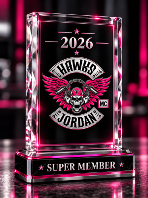 Award plaque with the HAWKS MC Jordan patch in pink and silver, 2026, Super Member
