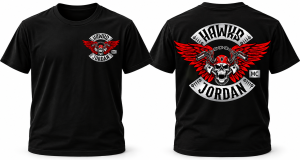 Black T-shirt with the HAWKS MC Jordan patch small on the chest and large on the back